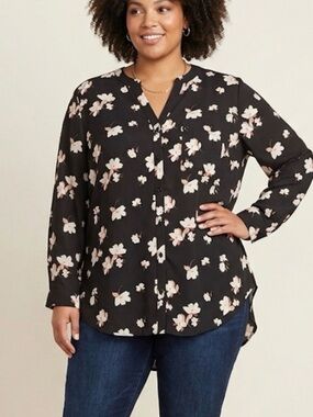 NWT Simply Emma 1X Floral Black Blouse Long Sleeve Size 1X